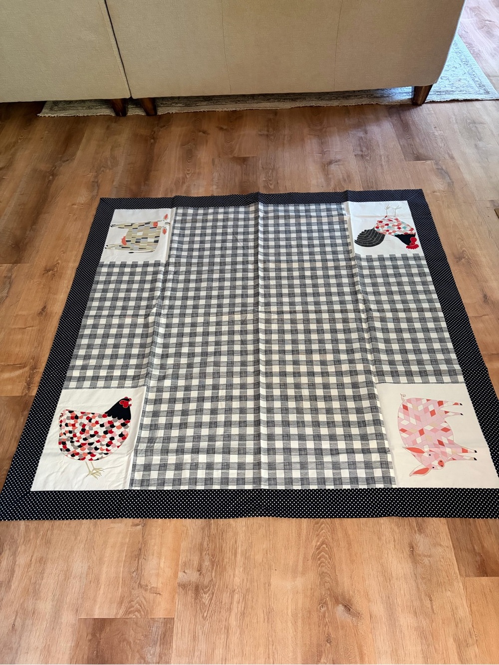Farmhouse Gray Gingham Chicken Patchwork Tablecloth